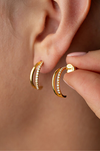 Silvano Jewelry 925 Ayar Gümüş Altın Kaplama Çiftli Model Küpe