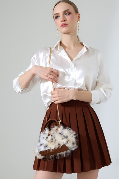 BALANZ Tan Women's Plush Leopard Patterned Bag with Chain Crossbody Strap Sho...