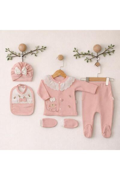 Arin Baby 5-Piece Bow Detailed Embroidered %100 Cotton Newborn Baby Girl Hospital Discharge Set/Baby Girl Bodysuit Set