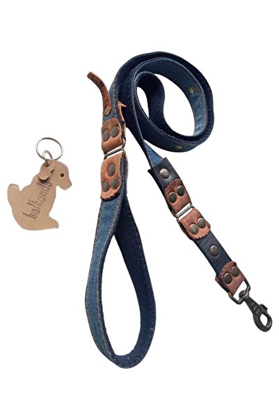 balkonda Dog Walking Leash Collar 2.5 cm Width Denim and Leather Dark Blue