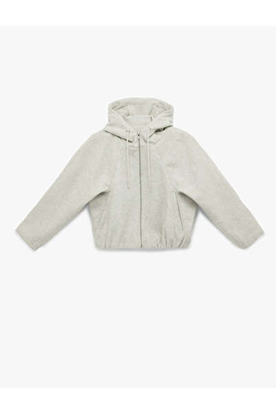 Koton Hooded Cashmere Bomber Jacket with Pockets and Zipper Long Sleeves