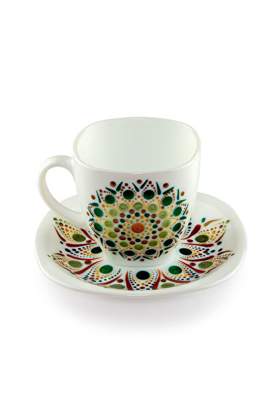 Yoobirim Box White Cup and Saucer Set Hand Painted Mandala Type Green Gold Yo...