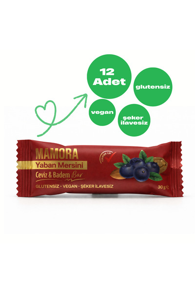 Mamora Bar Yaban Mersini, Ceviz & Badem Bar – 12’li Paket - Vegan, Glutensiz,...