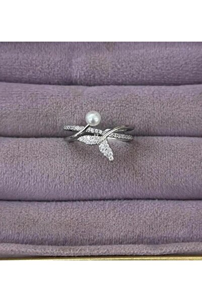 Store Kararmaz Çelik Yüzük - Gümüş Renk İnci Detaylı Işıltılı Deniz Kuyruğu M...