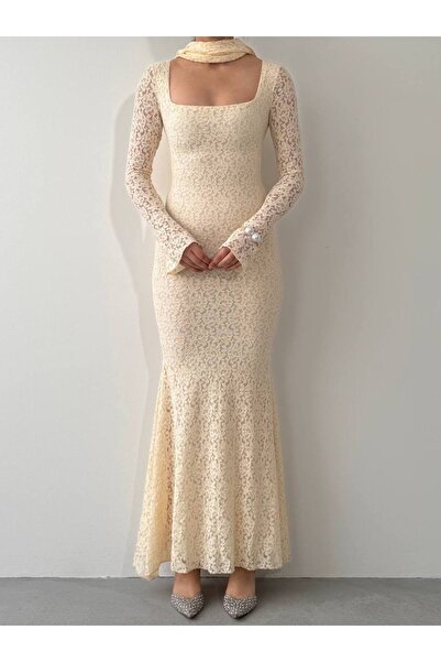 EtikaOnline Kadın Dantel Şal Detay Astarlı Uzun Elbise