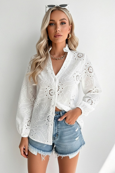 İntive Lingerie Women's V-Neck Buttoned Balloon Sleeve Vintage Look Blouse