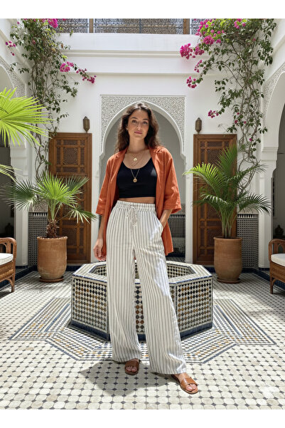 Polologin Butik Black and White Striped Satin Pocket Trousers