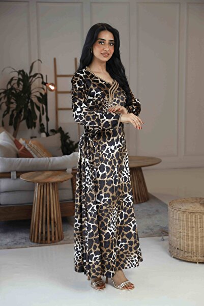 TREN Leopard Print Velvet Maxi Dress Women Long Sleeve V-Neck A-Line Evening ...
