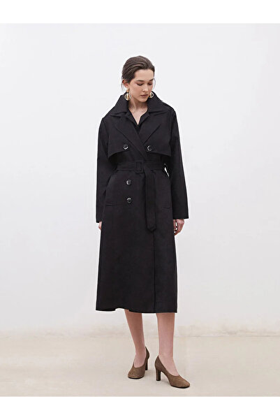 LC Waikiki Soulife Siyah Ceket Yaka Süet Görünümlü Kadın Trençkot