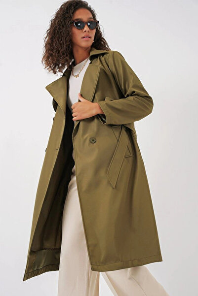 nedo7 5918 Double Breasted Lapel Trench Coat - Khaki