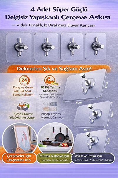 Hane Dostu 4 Adet Süper Güçlü Delgisiz Yapışkanlı Çerçeve Askısı – Vidalı Tır...