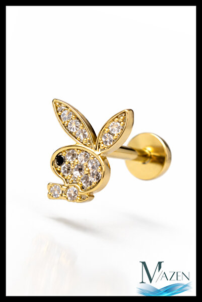 MAZEN Playboy Tavşan Figürlü Tragus Helix Piercing | Zirkon Taşlı | Gold Renk...