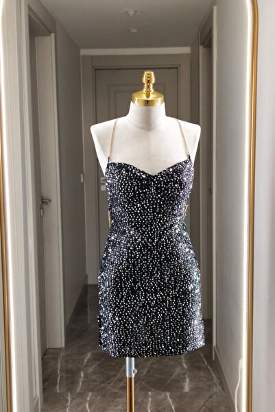 RAYDA İÇ GİYİM Askılı Taş İşlemeli Sırt Dekolteli Mini Elbise