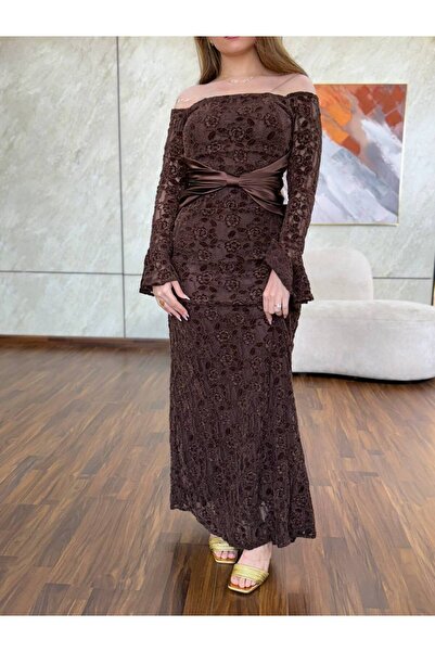 Generic Elegant off-the-shoulder brown lace evening dress