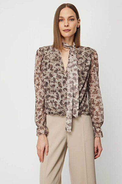 ON TRİKO Bluză cu guler tip eșarfă și imprimeu leopard 62310