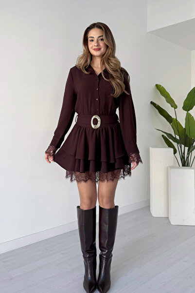 MOZENA Μίνι φόρεμα πουκάμισο με δαντέλα στη φούστα