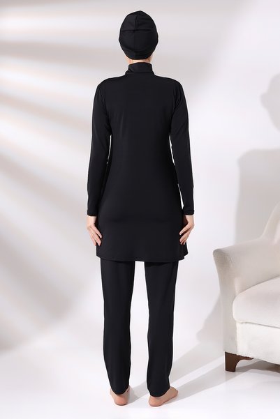 aydenahome Long Sleeve Ruffled Micro Lycra Stretchy Swimsuit with Pants Closed Hijab Swimsuit Black