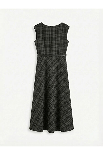 LC Waikiki LCW Vision Siyah Beli Kemerli Bisiklet Yaka Ekose Kolsuz Elbise