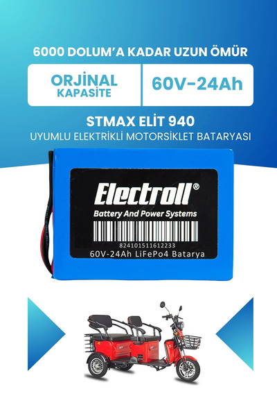 ELECTROLL Stmax Elit 940 Uyumlu Batarya LiFePO4 60V 24Ah Elektrikli Motorsikl...