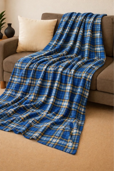 LinaByUgurr Синьо карено одеяло за телевизор 100x180 cm и 130x180 cm Единично...