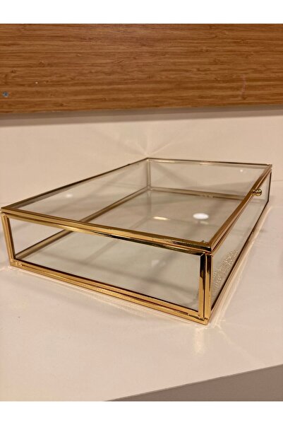 PLUS HOME صندوق ديكور من الزجاج والزجاج بحجم كبير ذهبي 30×20 سم