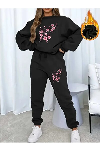 mercoledi Women's Floral Printed Crew Neck Top Jogger Bottom Tracksuit Set