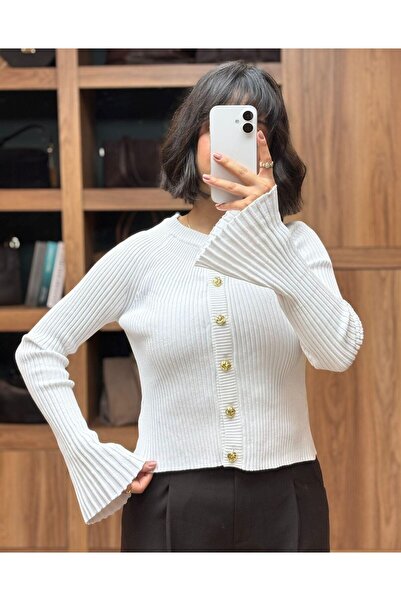 VAZIRADK Crew Neck Spanish Sleeve Gold Button Cardigan