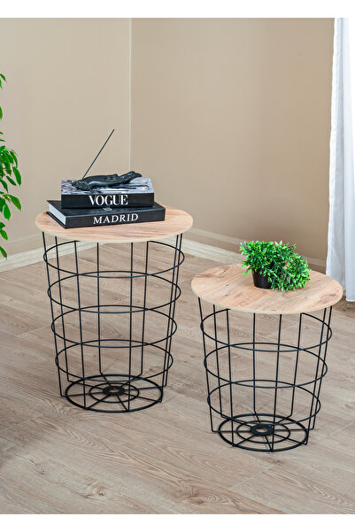Tapacım 45X55 2'li Yuvarlak Sepet Sehpa Siyah Metal Gövdeli Ahşap Tablalı Ort...