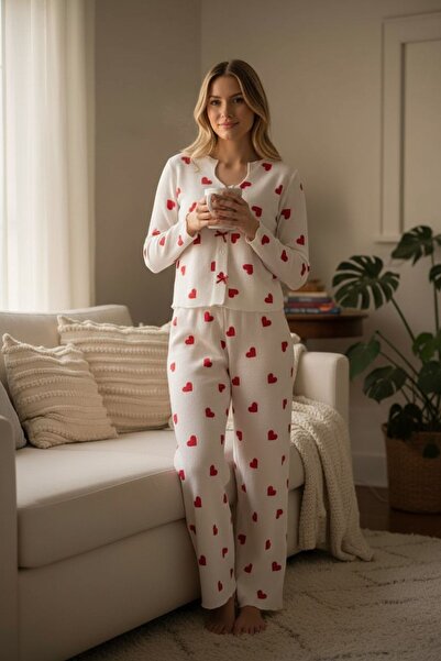 Burcumay Women's Soft Textured Waffle Fabric Heart Long Sleeve White Pajama Set