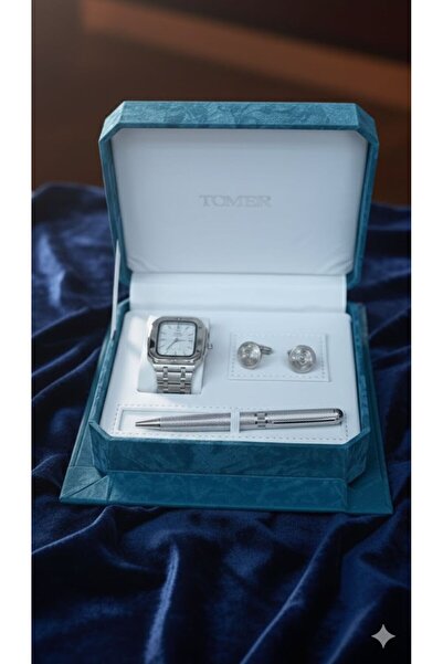 Boutique طقم اكسسوارات ساعة رجالي فضي فاخر