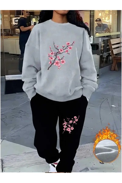 mercoledi Women's Floral Printed Crew Neck Top Jogger Bottom Tracksuit Set