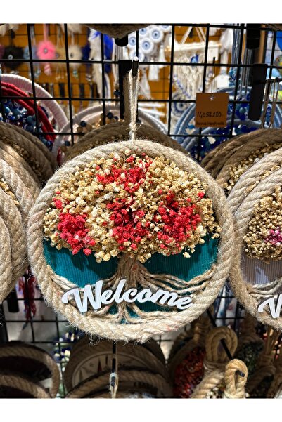 Minii Tuhafiye Welcome Çiçekli Kapı Süsü - Hasır Yuvarlak Duvar Dekoru