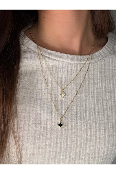 Butik Yıldızlı İkili Zincir Detaylı Gold Kolye