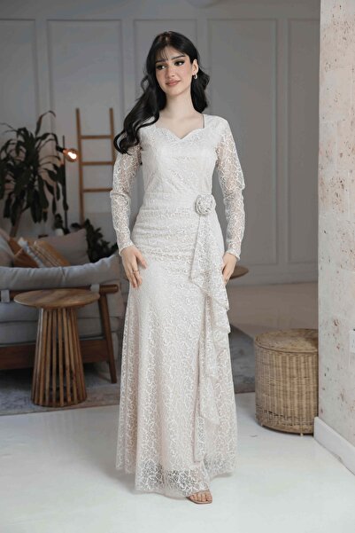 TREN Elegant Long Sleeve Lace Dress - White Evening Gown for Weddings and For...