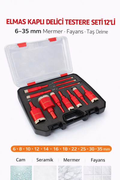 SENBANG Elmas Kaplı Delici Seti 12’li (Kırmızı) – Özel Kutulu 6–35 mm Cam Ser...