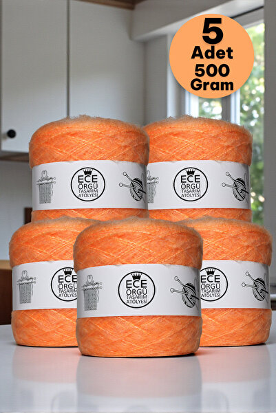 Ece Örgü Tasarım Atölyesi Kavuniçi renkli, bol tüylü, kid moher örgü ipi (500...