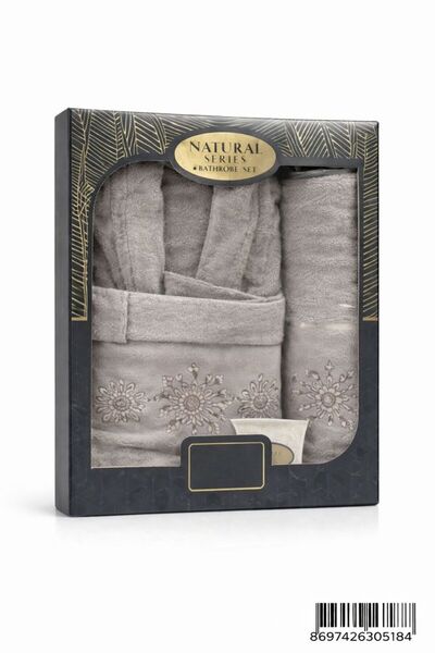 naniland.ro 2-piece cotton bathrobe and towel set, cream with decorative embr...