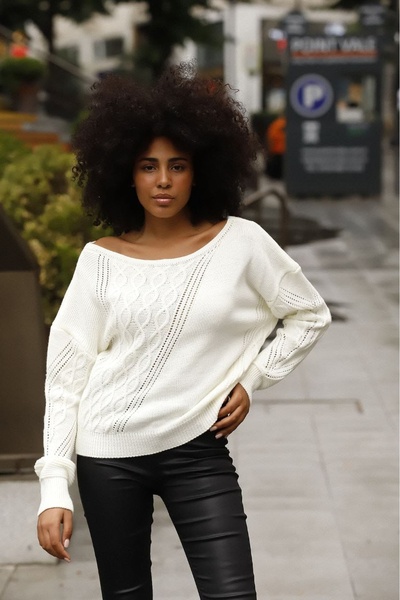 bacc Ecru Boat Neck Hair Braid Patterned Winter Knitwear Sweater Bces-253016