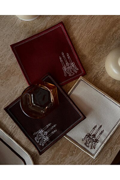 LİONYA DESİGN 6 Adet Şamdan Nakışlı Kahve ve Kokteyl Sunum Peçetesi - 14x14 (...