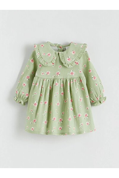 LC Waikiki LCW baby Yeşil Bebe Yaka Çiçekli Müslin Kız Bebek Elbise