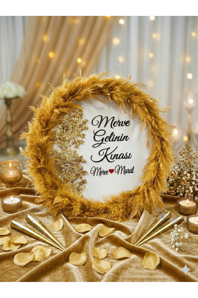 delibal Gold Gelin Tefi 30cm, Tüy Kaligrafi Sanatlı, Kına Gecesi Düğün Bride ...