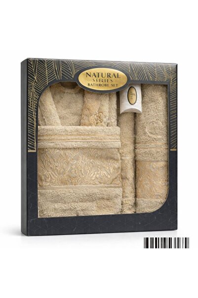 naniland.ro Cotton bathrobe and towel set + soap, 3 pieces, cream with decora...