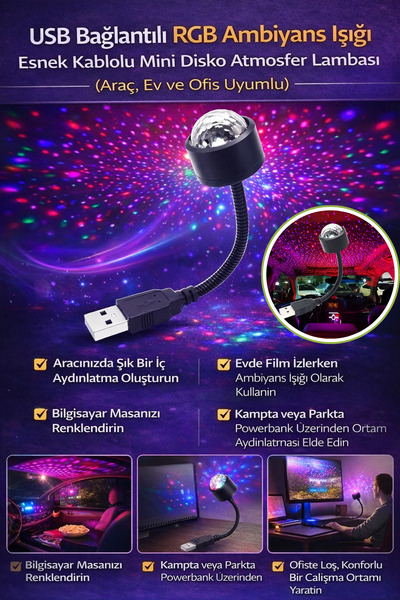 Hane Dostu USB Bağlantılı RGB Ambiyans Işığı – Esnek Kablolu Disko Atmosfer L...