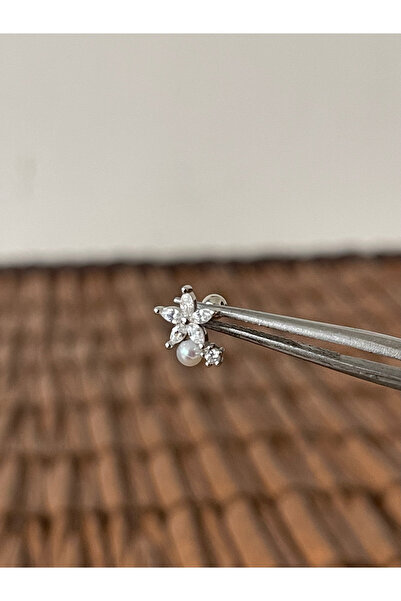 Rupen Kraft 925 Ayar Gümüş İncili Markiz Kesim Taşlı Helix Tragus Piercingi G...