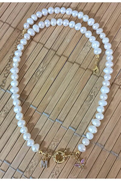 BNGaksesuar Gerçek İnci Gold Harf Yusufçuk Charm Gemici Kilit Altın Takılan K...