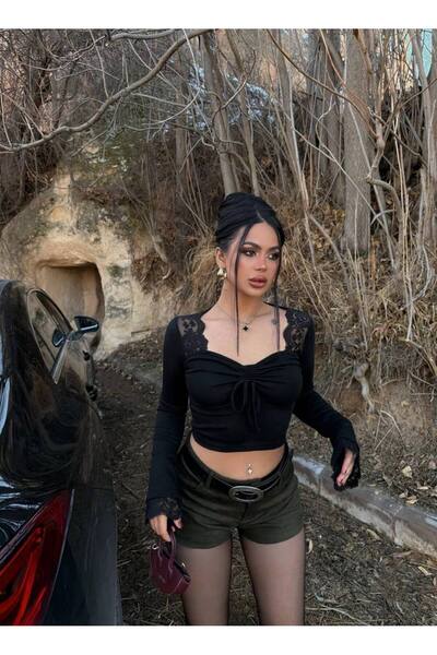 DARK WOMAN Crop önü büzgülü şık bluz