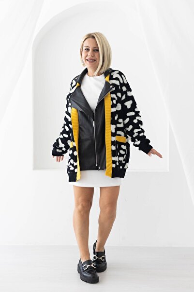 SİSTA MODA 019 Leather Garnish, Colorful Striped Transition, Zip-Up Cardigan