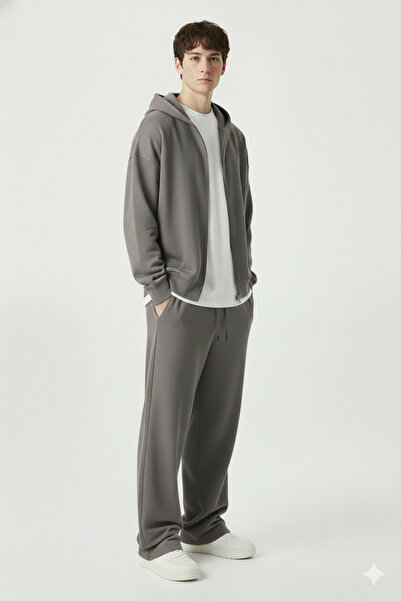 Modaikon طقم بدلة رياضية فضفاضة باللون الرمادي الدخاني مع سترة بقلنسوة للجنسي...