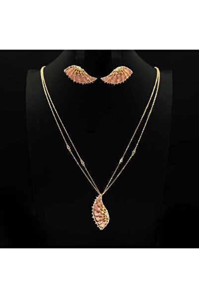 Generic Long necklace with a pink shell design and diamond-quality zircon in ...