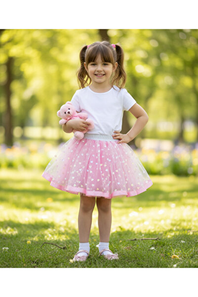 Dudese Kız Çocuk Kalp Desenli Pembe Kabarık Tütü Etek